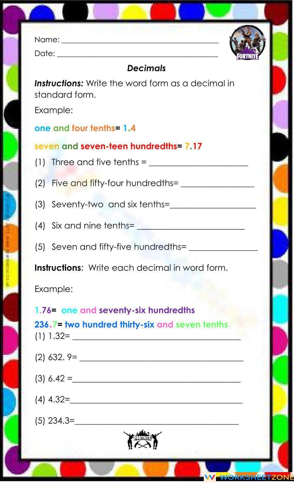 Decimals Practice: Word Form to Standard Form - Page 1