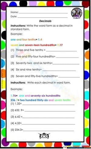 Decimals Practice: Word Form to Standard Form
