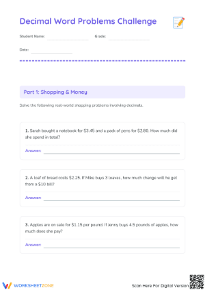Decimal Word Problems & PEMDAS | Grade 5 Math Printable
