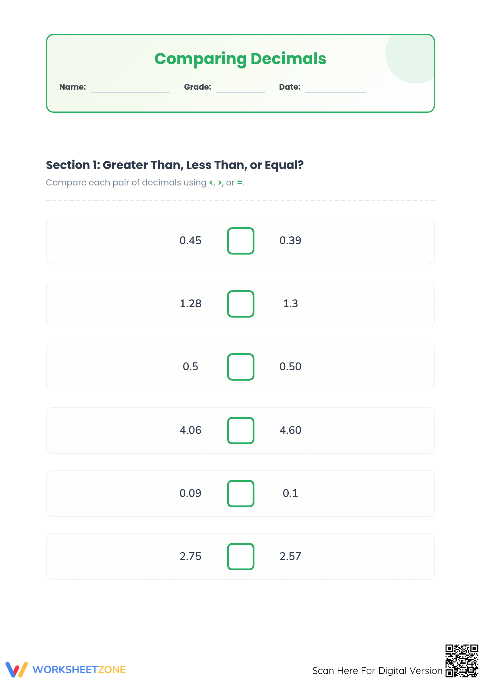 Decimals Tenths and Hundredths Worksheet | Grade 4 Essential - Page 1