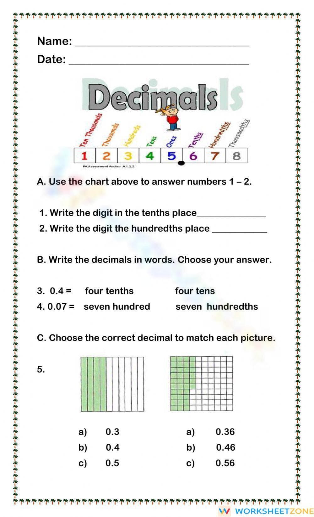 Worksheet on Understanding Decimals - Page 1