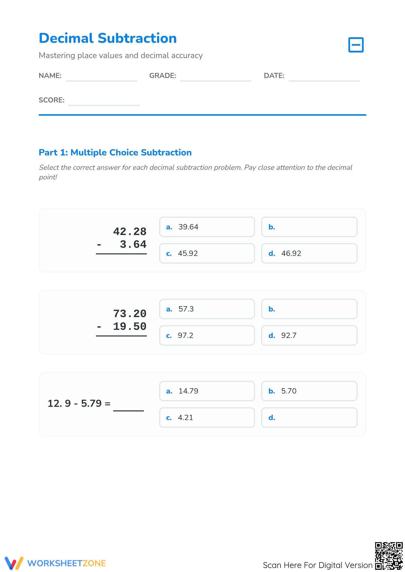 Printable Decimal Subtraction Worksheet | Grade 5-6 Math - Page 1