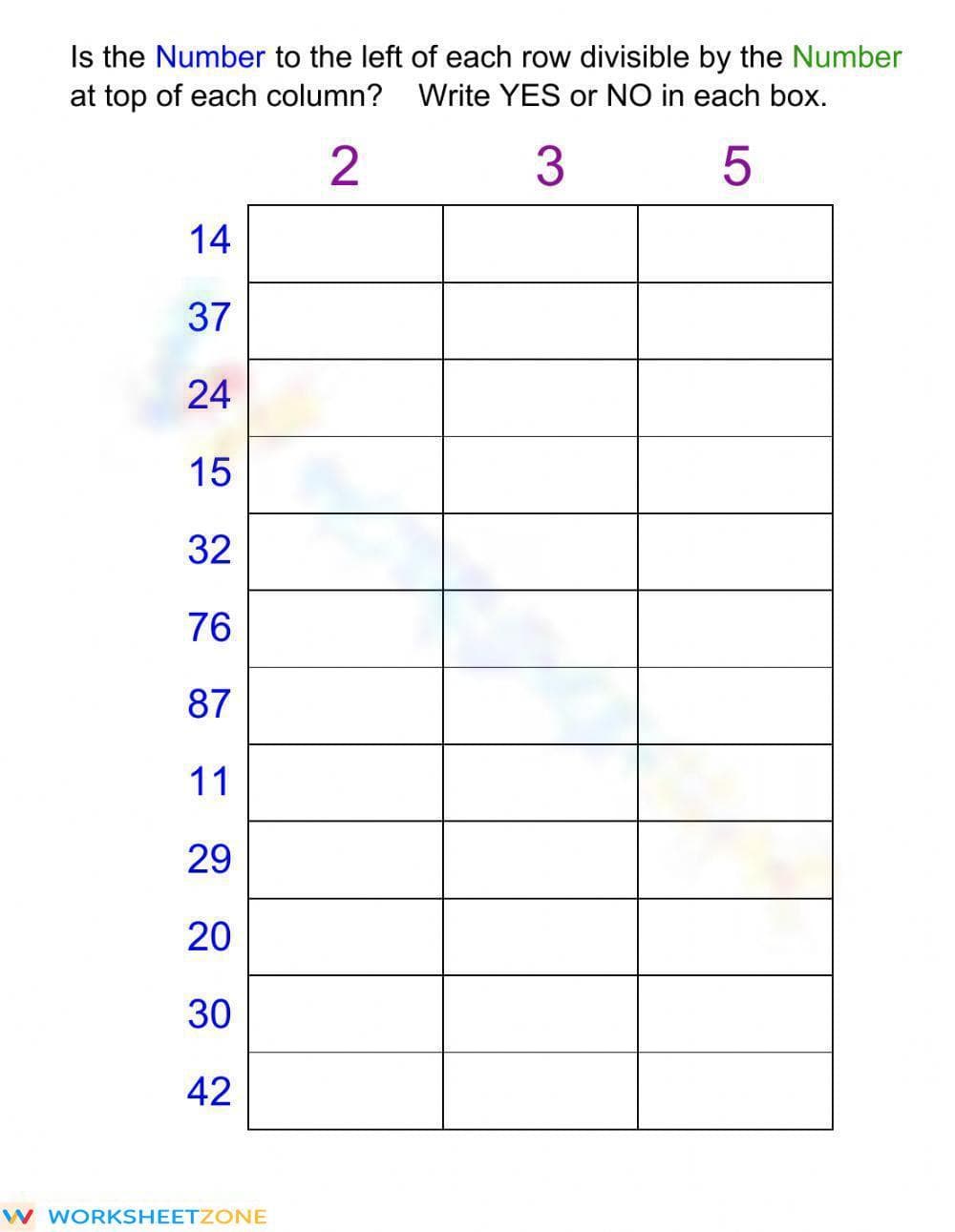 Divisibility table - Page 1