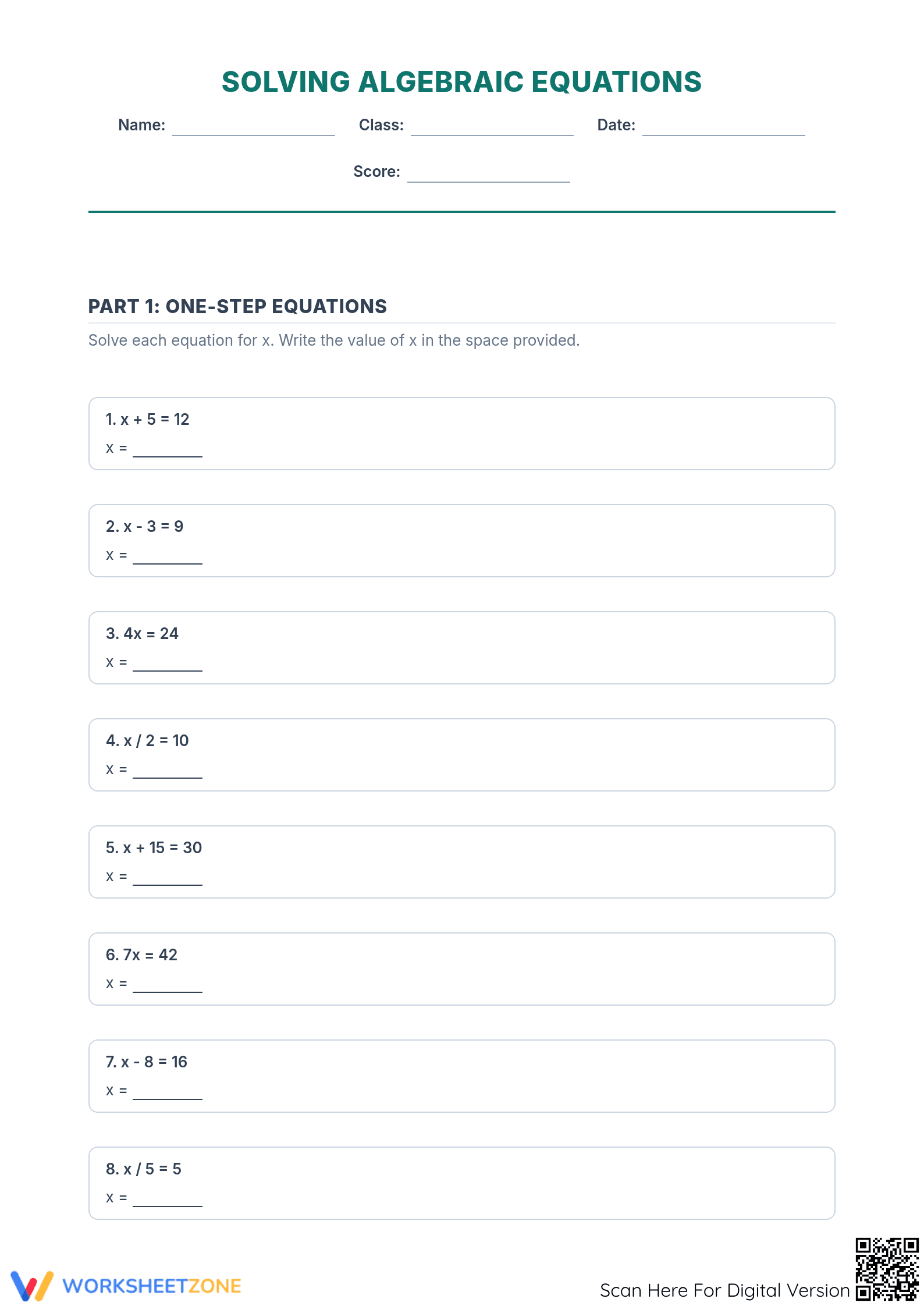 Printable One-Step Equations Worksheet | Grade 6 Math - Page 1