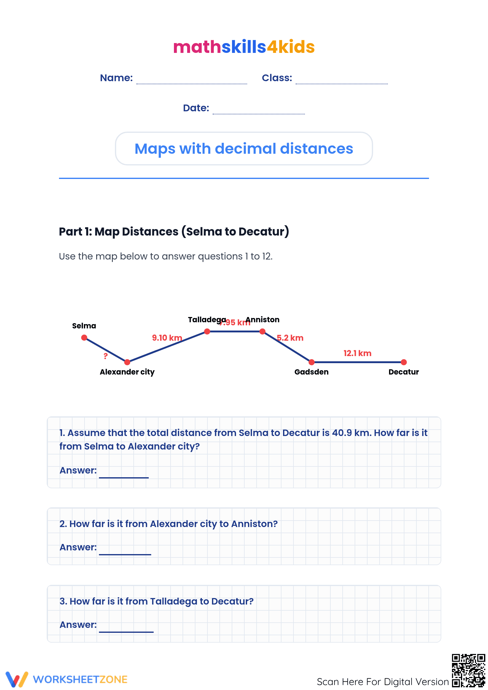 Grade 5 Decimal Distances — Printable No-Prep Worksheet - Page 1