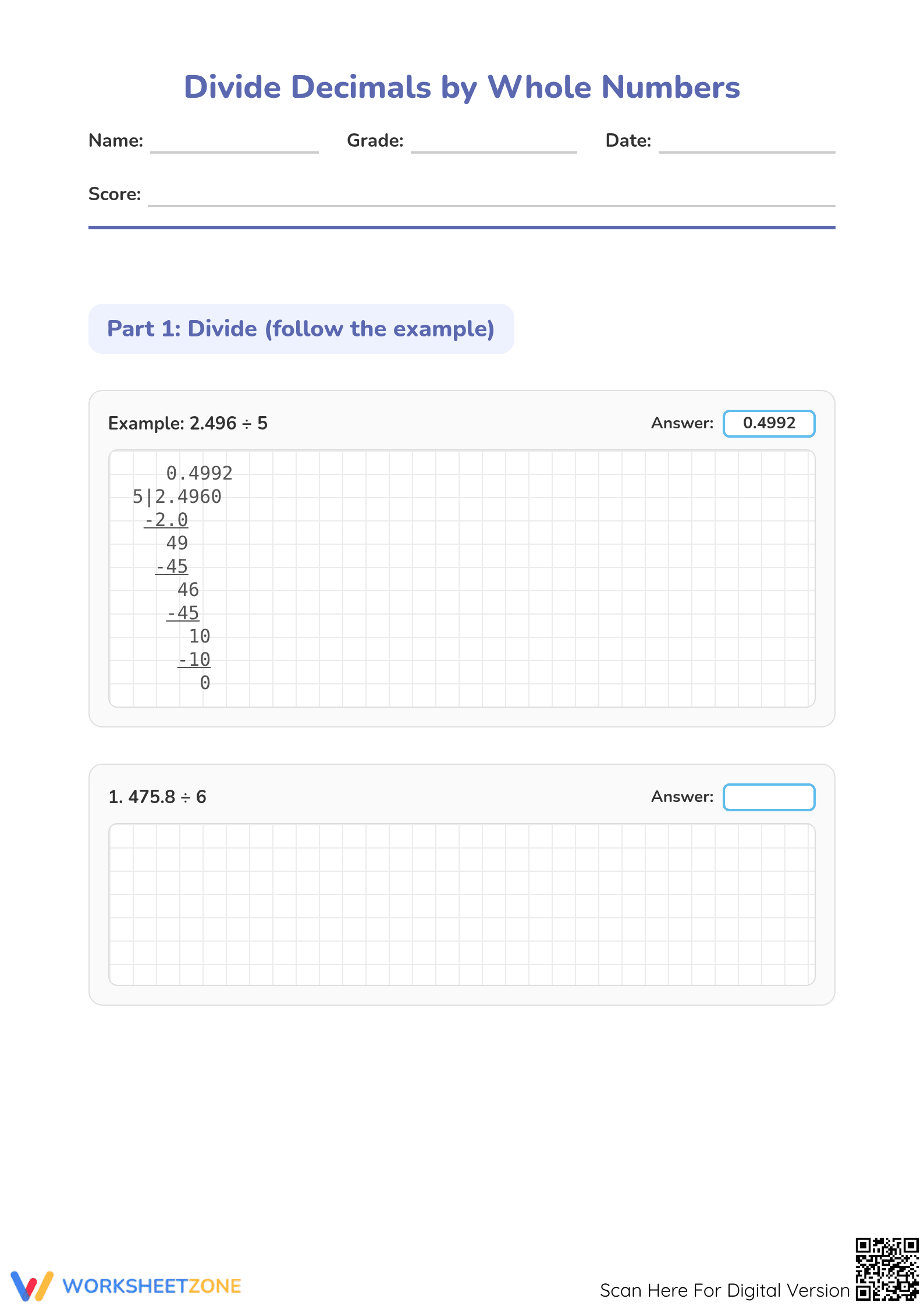 Printable Division with Decimals Worksheet | Grade 5 Math - Page 1