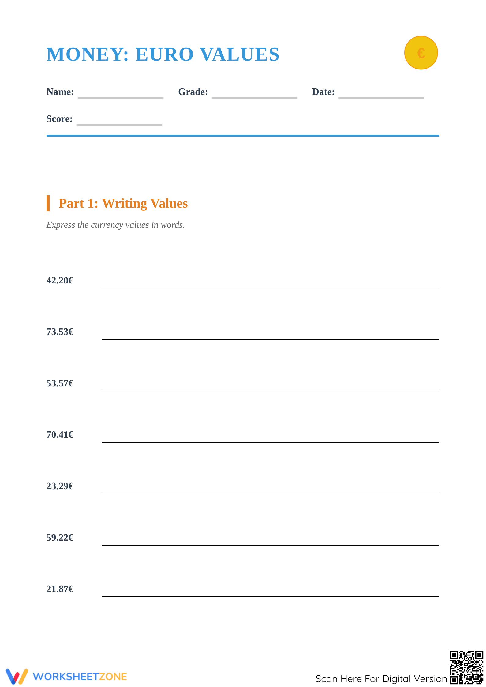 Grade 2 Money Word Problems — Printable No-Prep Worksheet - Page 1