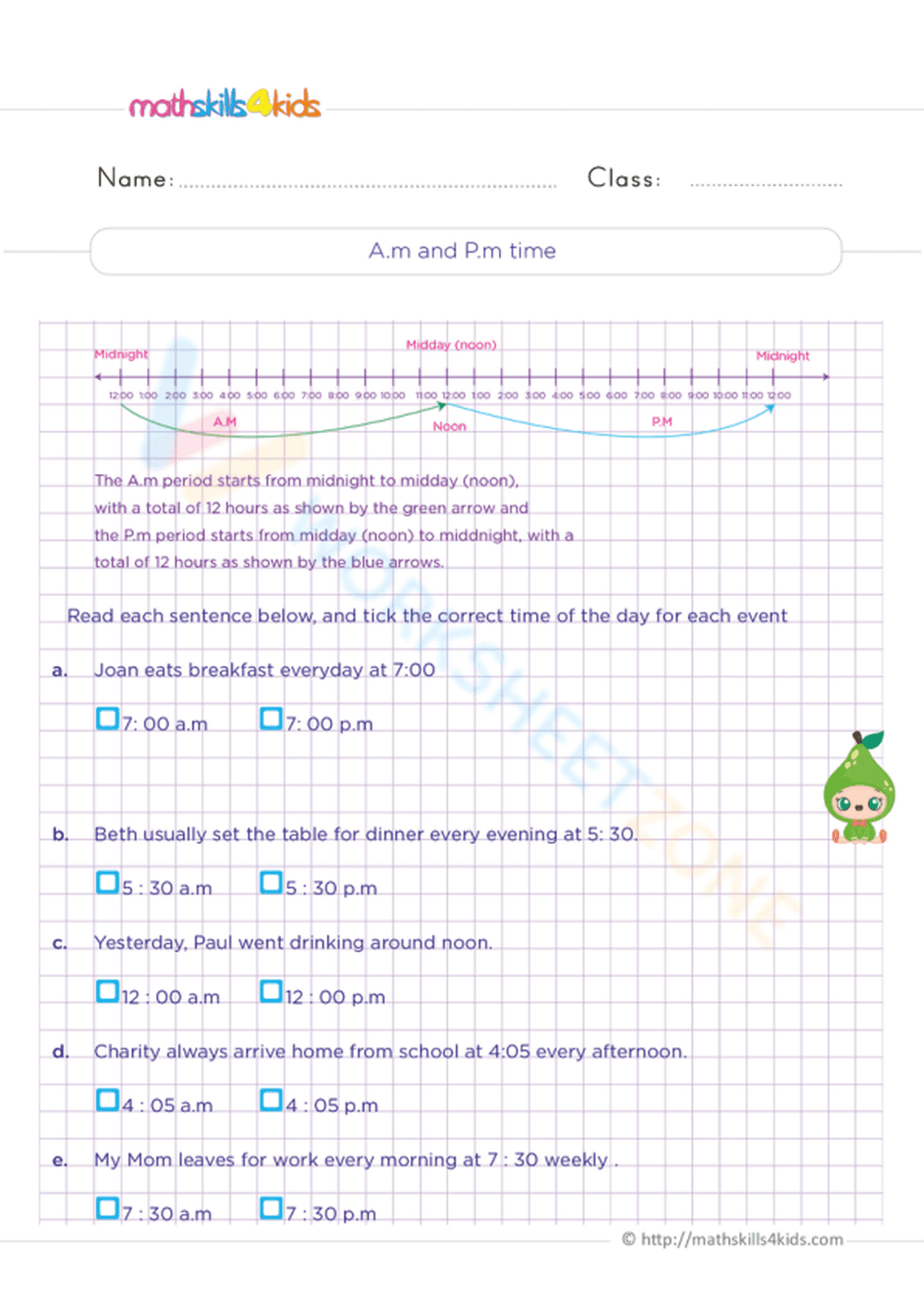 Grade 2 A.M. and P.M. Time — Printable No-Prep Worksheet - Page 1