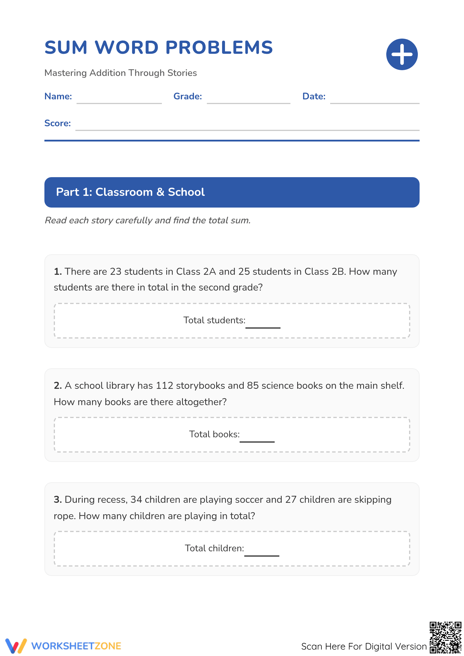 Grade 2 Addition Word Problems — Printable No-Prep Worksheet - Page 1