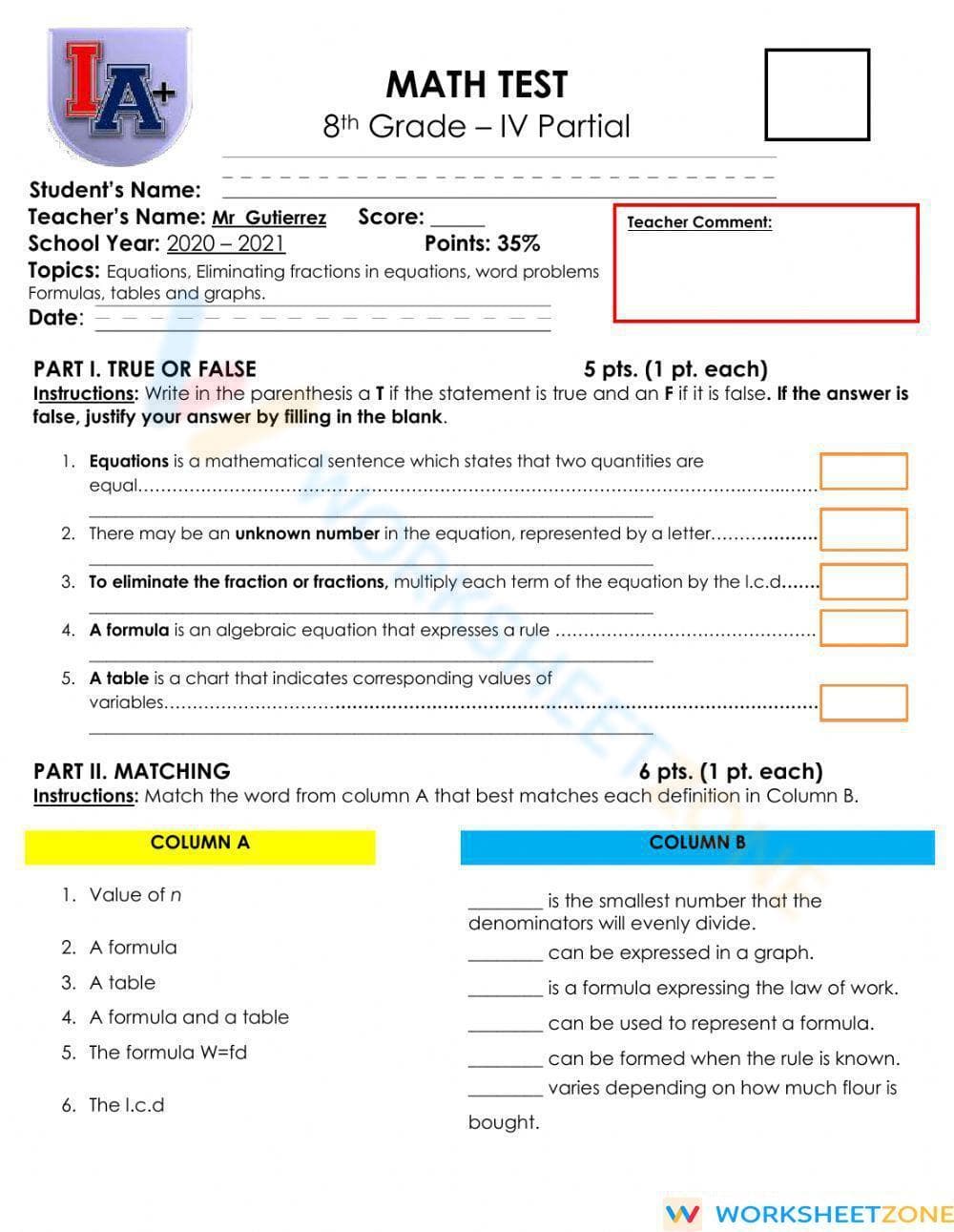 Math Test Practice - Page 1