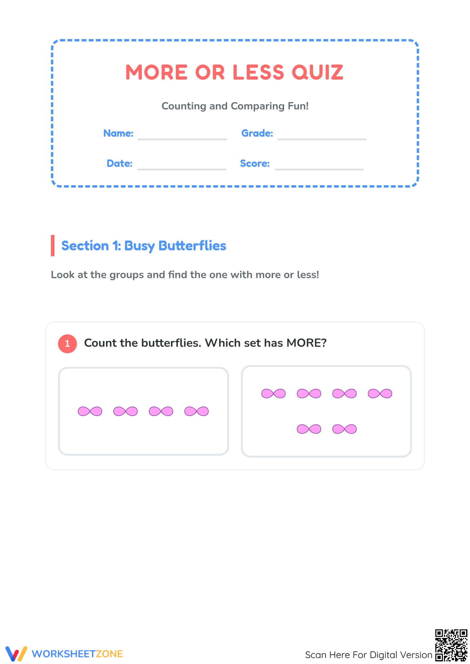 Printable More or Less Worksheet | Preschool Math Quiz - Page 1