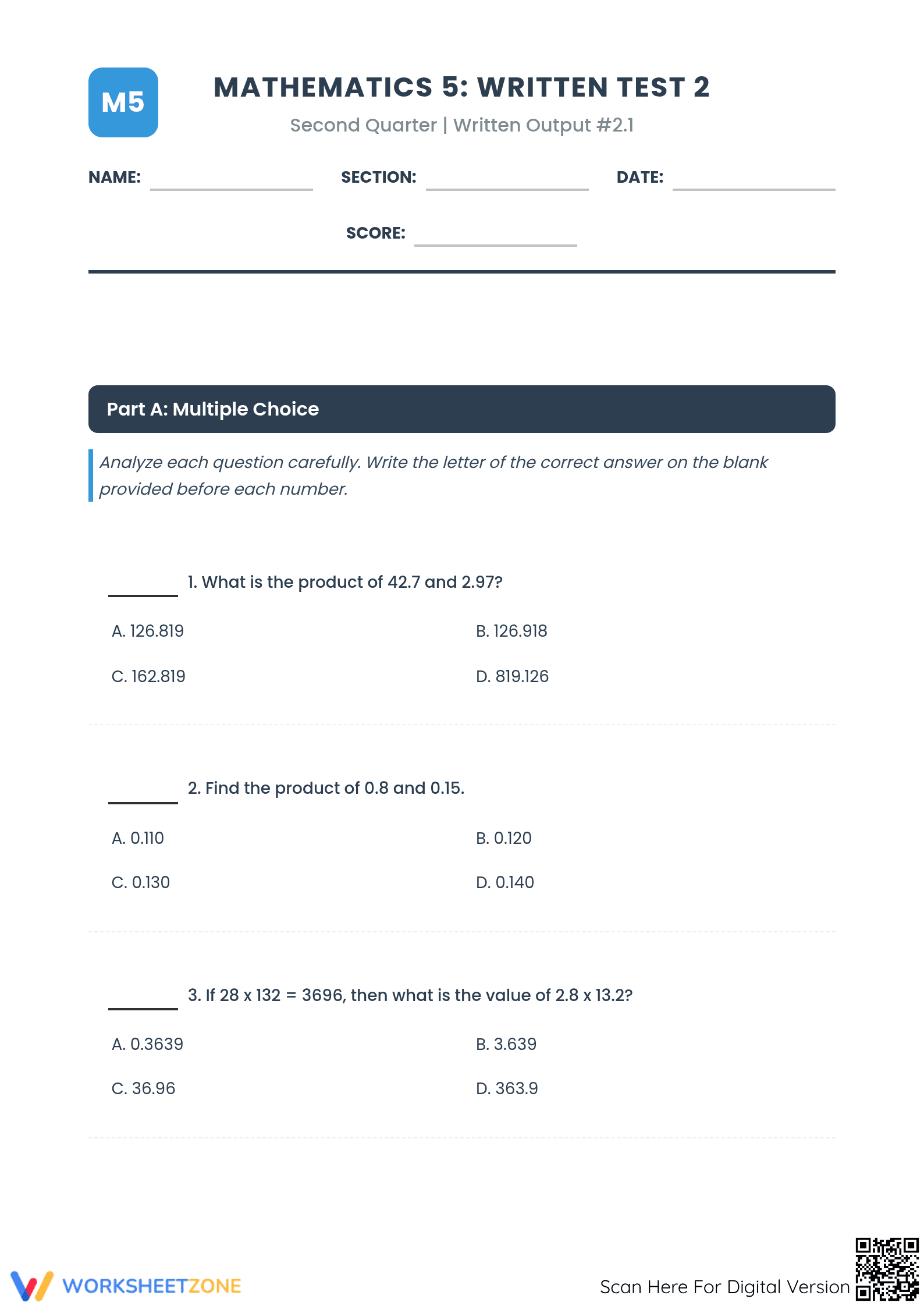 CCSS.MATH.CONTENT.5.NBT.B.7 Worksheet: Grade 5 Aligned Test - Page 1