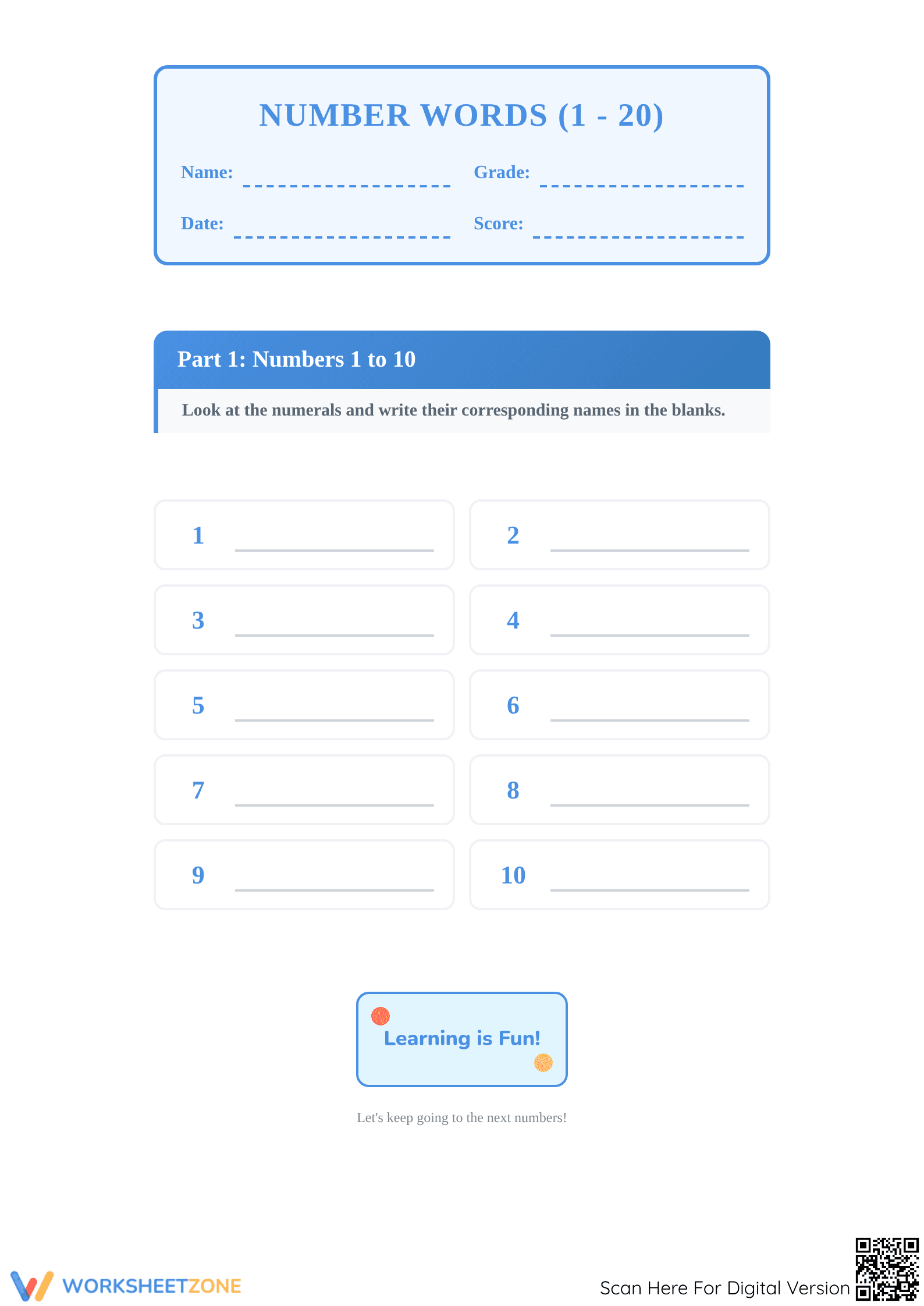 Number Words 1 to 20: Essential Printable Math Worksheet - Page 1