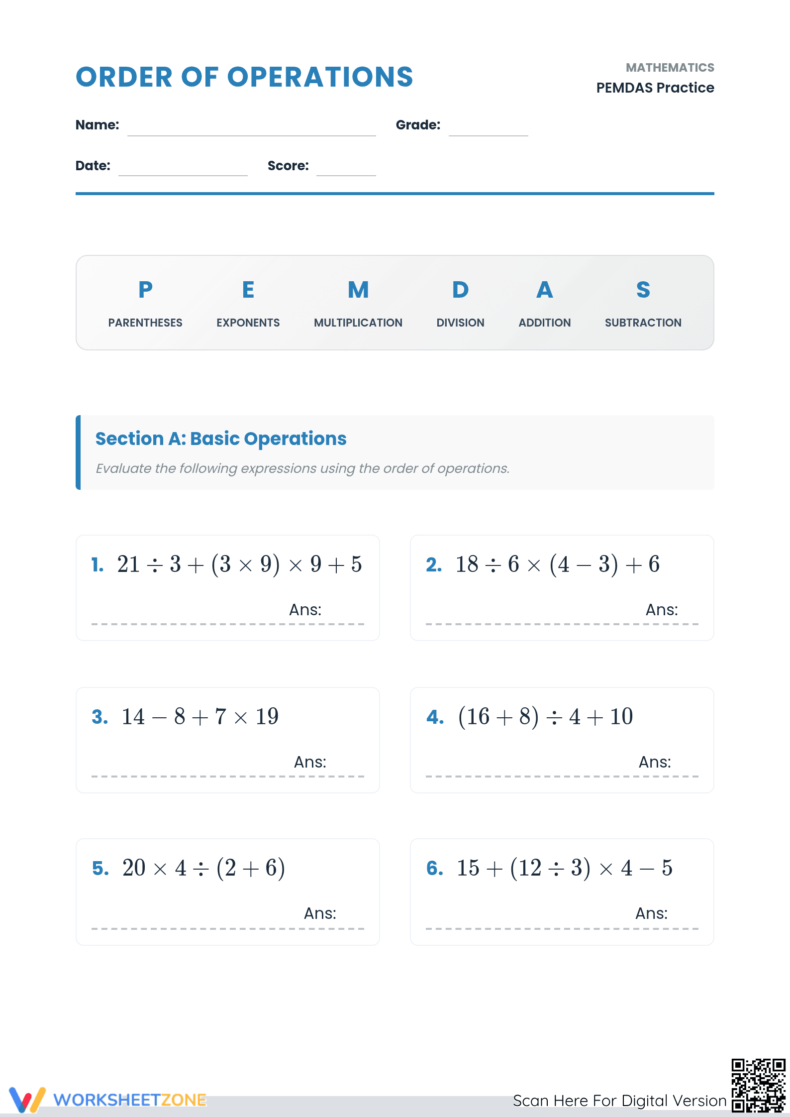 Printable PEMDAS Order of Operations Worksheet | Grade 5-9 - Page 1