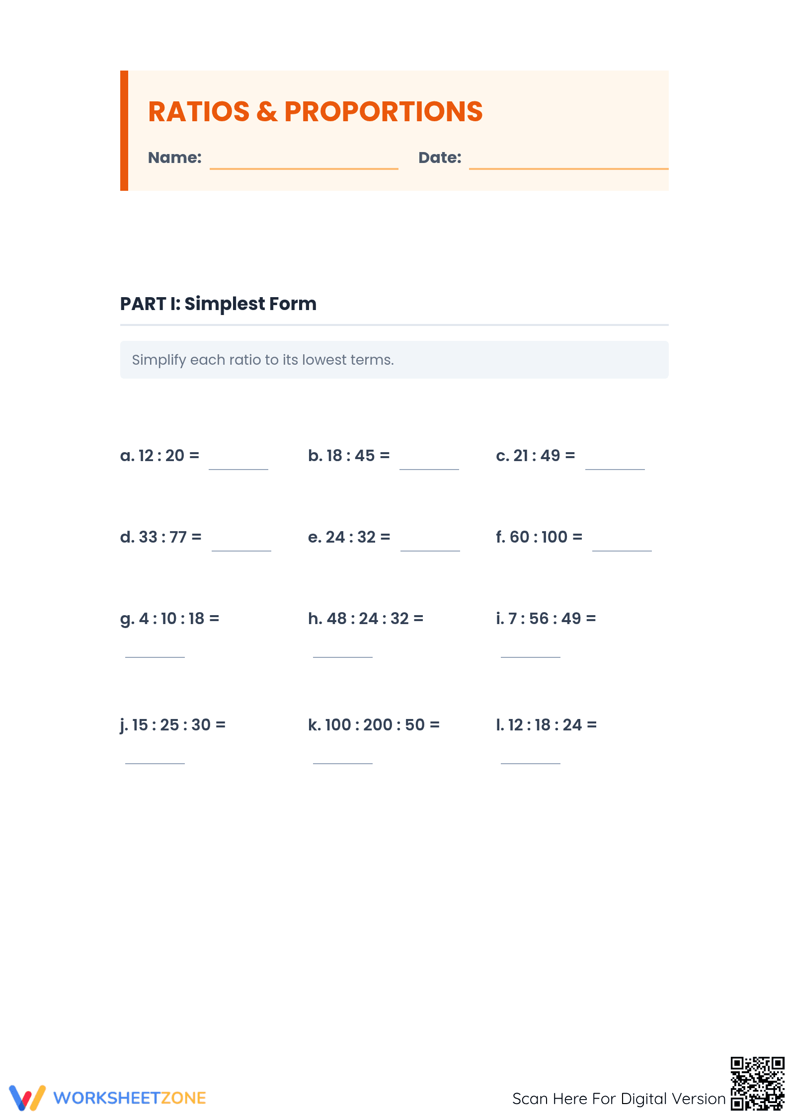 Essential Ratios and Proportions Worksheet | Grades 6-10 - Page 1