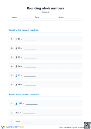 Printable Grade 6 Rounding Whole Numbers Practice Worksheet
