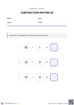 Essential Subtraction within 20 Worksheet | Grade 2 Math
