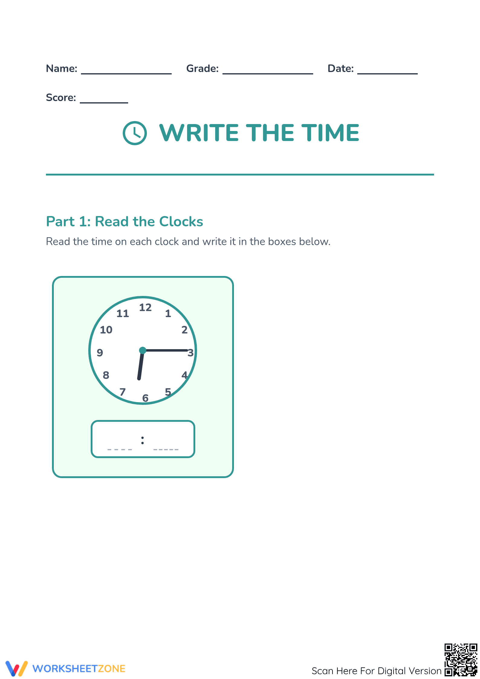 Printable Telling Time to the Minute Worksheet | Grade 3-5 - Page 1