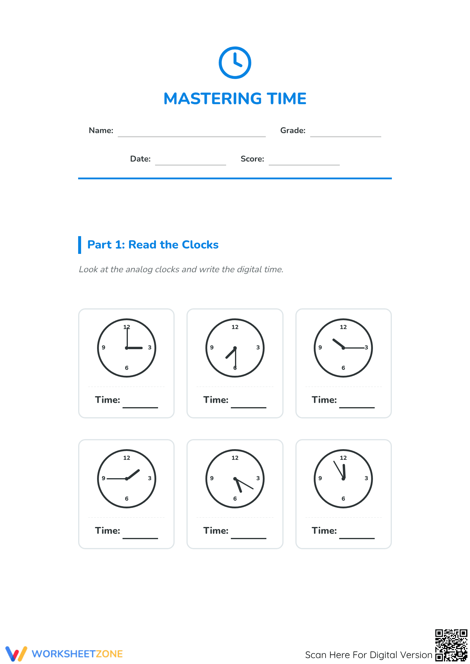 Printable Mastering Time Worksheet | Grade 2-5 Math - Page 1
