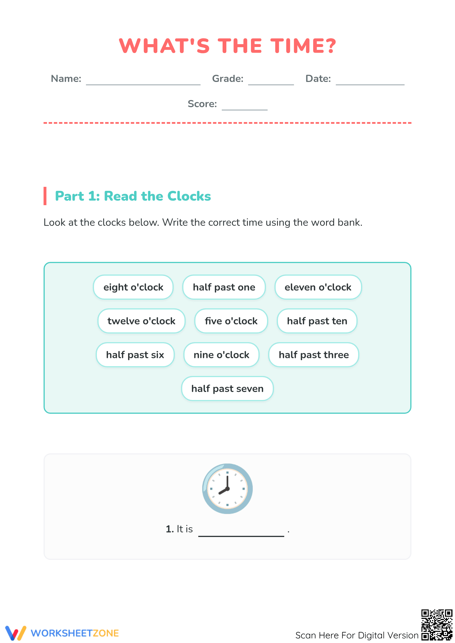 Printable Telling Time Worksheet | Grade 1 Essential - Page 1
