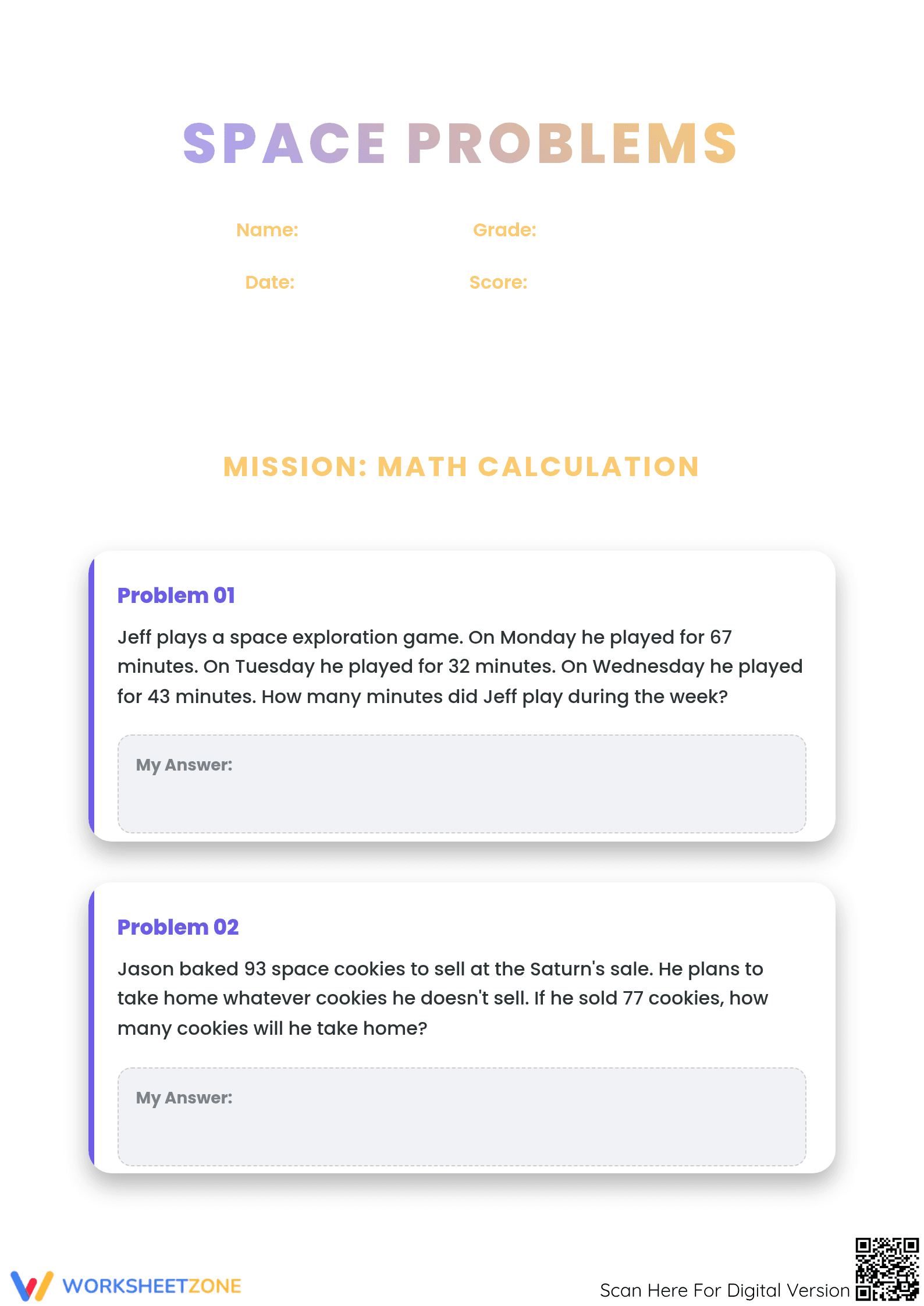 Printable Space Math Word Problems Worksheet | Grades 4-7 - Page 1