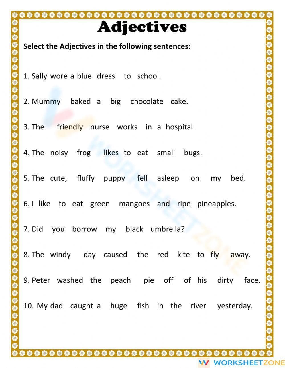 Identify the Adjectives in Sentences Worksheet - Page 1
