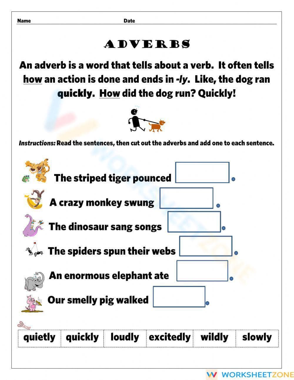 Adverb Using Worksheet with Animal-Themed Sentences - Page 1