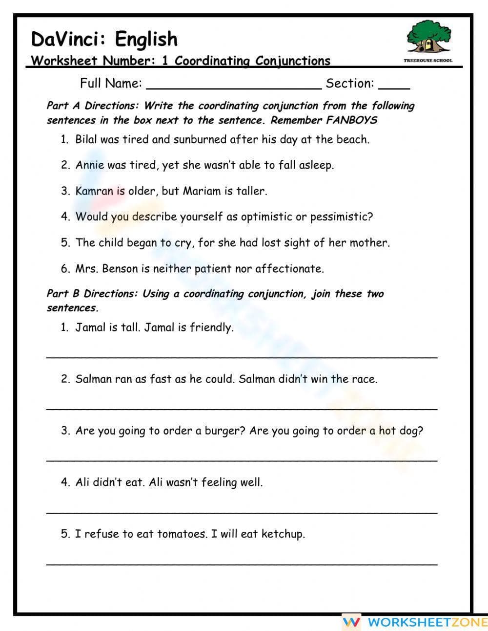 Printable Coordinating Conjunctions Worksheet | Grades 4-6 - Page 1