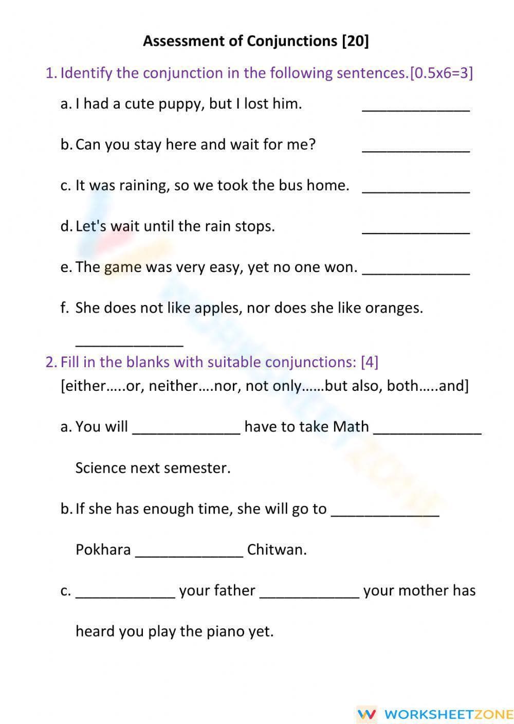 Conjunctions Worksheet | Assessment for Students - Page 1