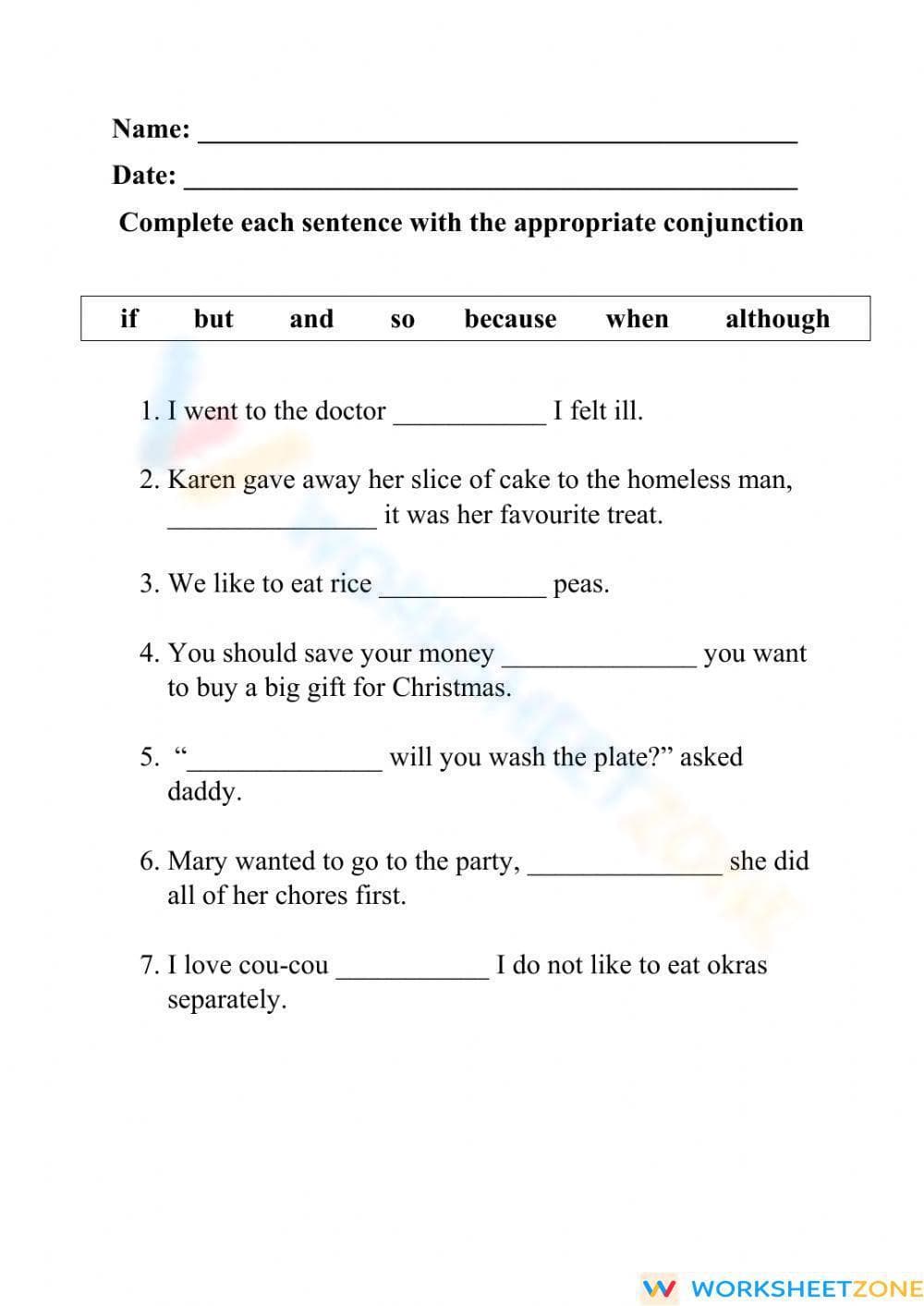 Conjunctions Worksheet - Page 1