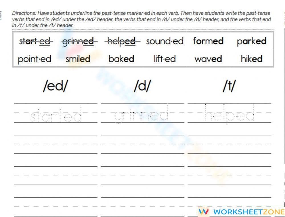 Grade 1-2 -ed Pronunciation — Printable No-Prep Worksheet - Page 1