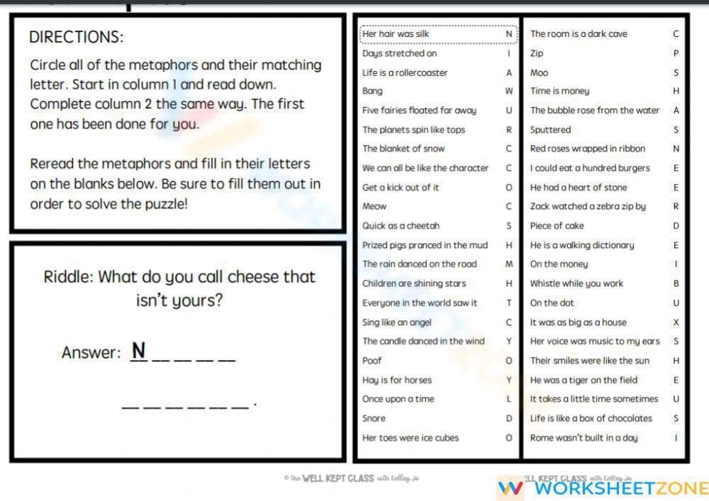 Grade 5 Metaphor Worksheet | Essential Printable Practice - Page 1