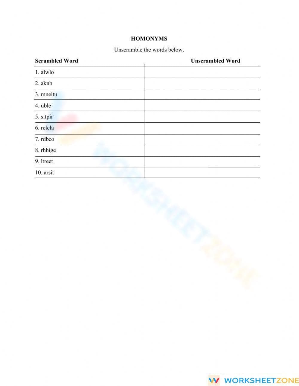 Printable Homonyms Worksheet: Grade 4-5 ELA Practice - Page 1