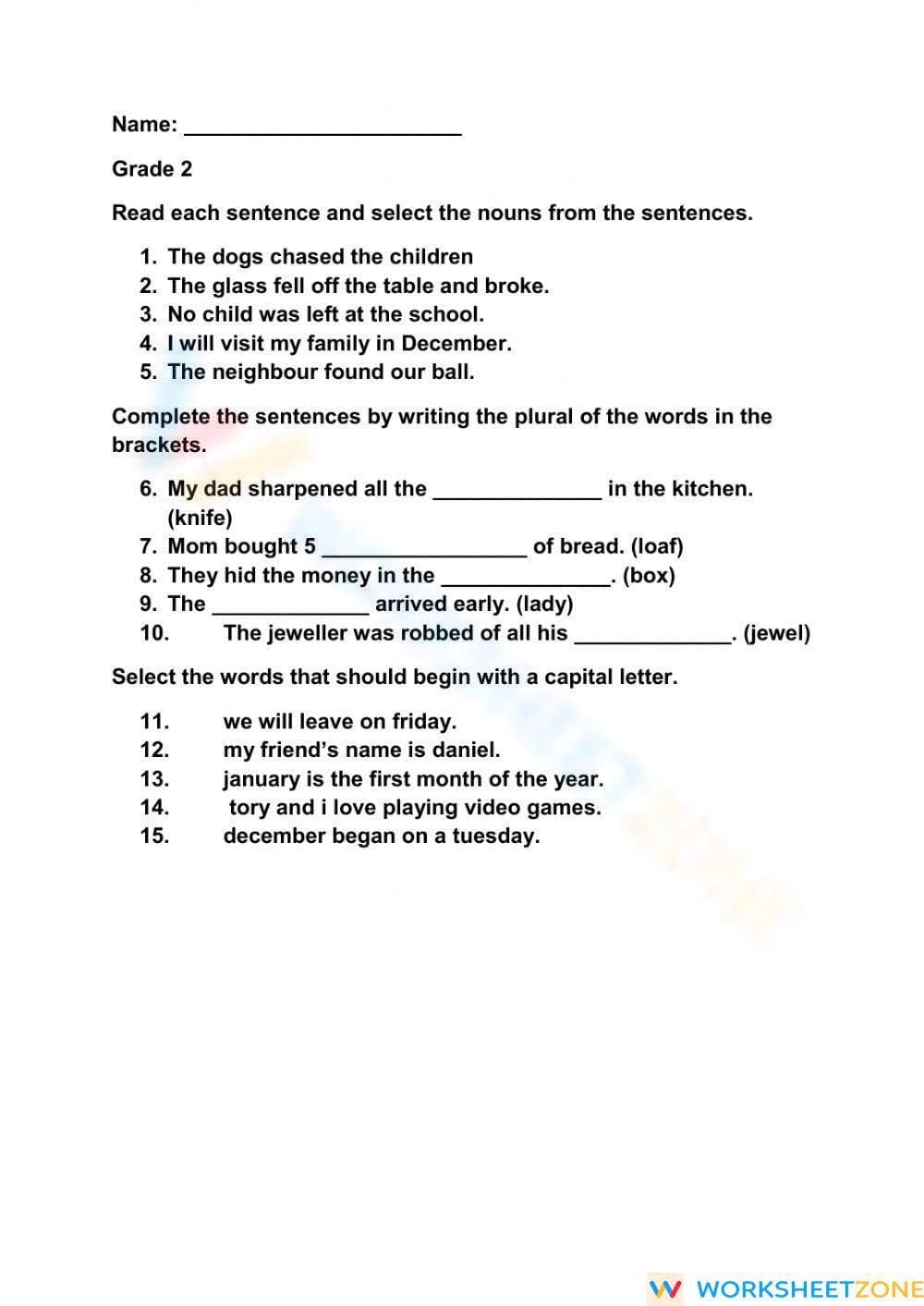 Essential Nouns and Capitalization Worksheet | Grade 2 - Page 1