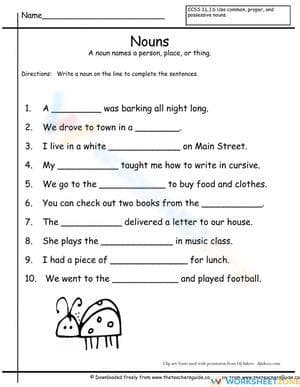 Grade 1-3 Nouns — Printable No-Prep Grammar Worksheet