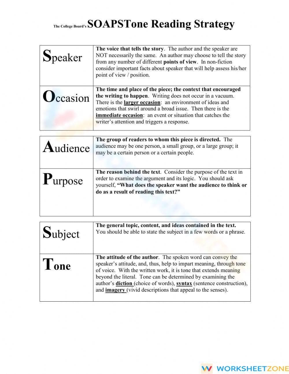 Grade 6-10 SOAPStone — Printable No-Prep Worksheet - Page 1
