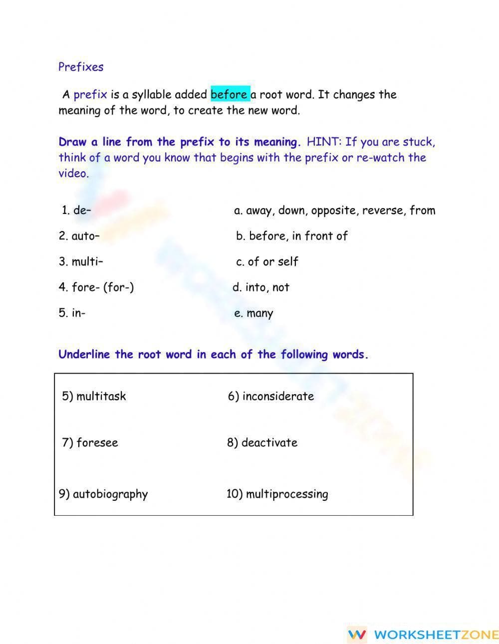 Essential Prefixes Worksheet | Grade 4-5 ELA Practice - Page 1