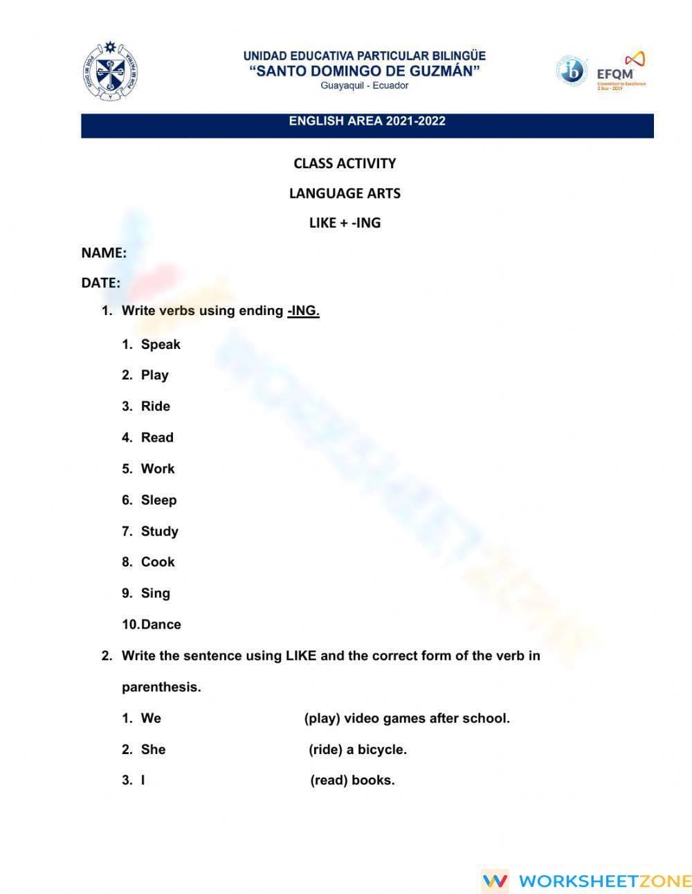 Printable Like + -ing Worksheet | Grade 1-4 ELA Grammar - Page 1