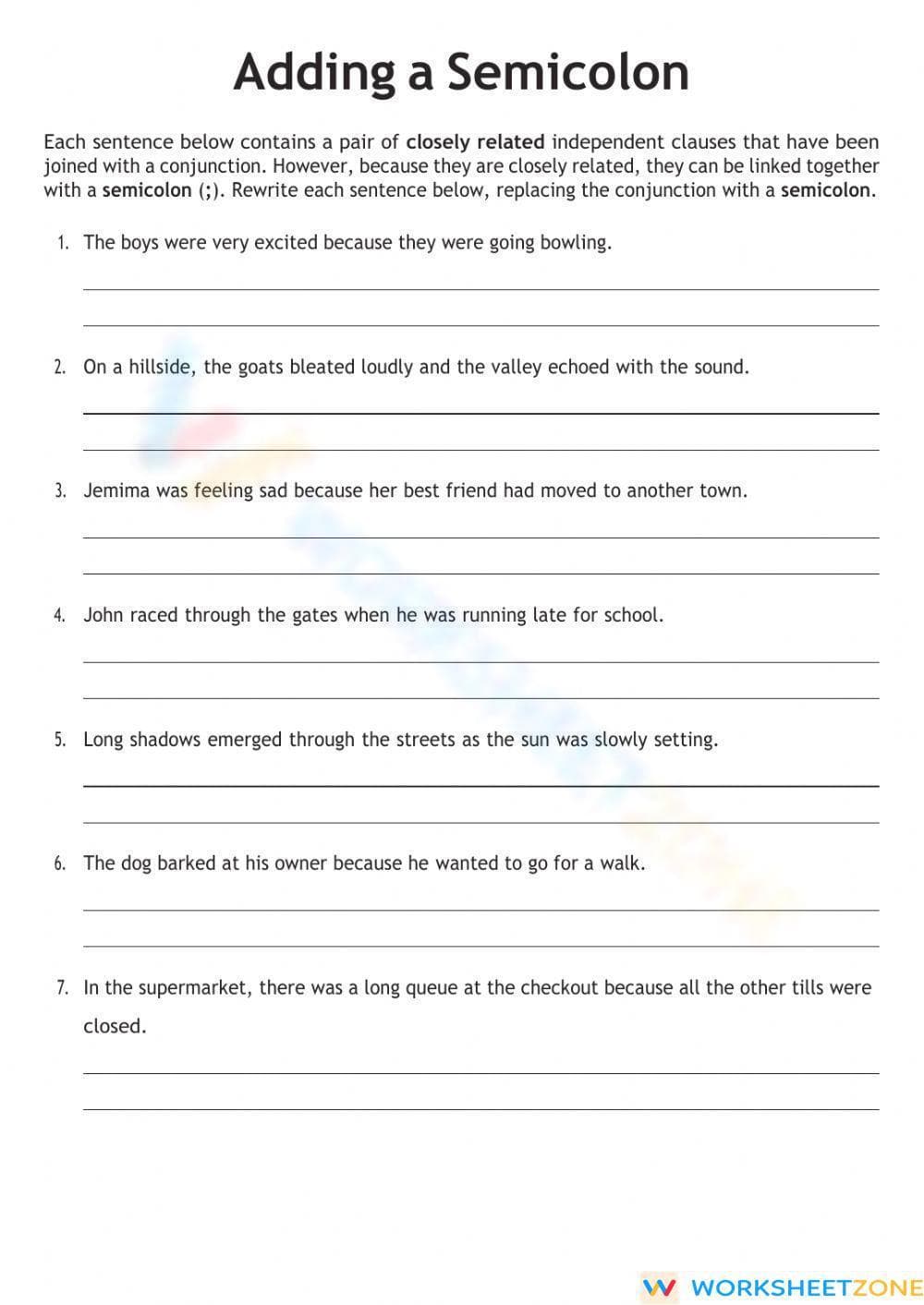 Printable Semicolon Worksheet | Grade 5 ELA Practice - Page 1