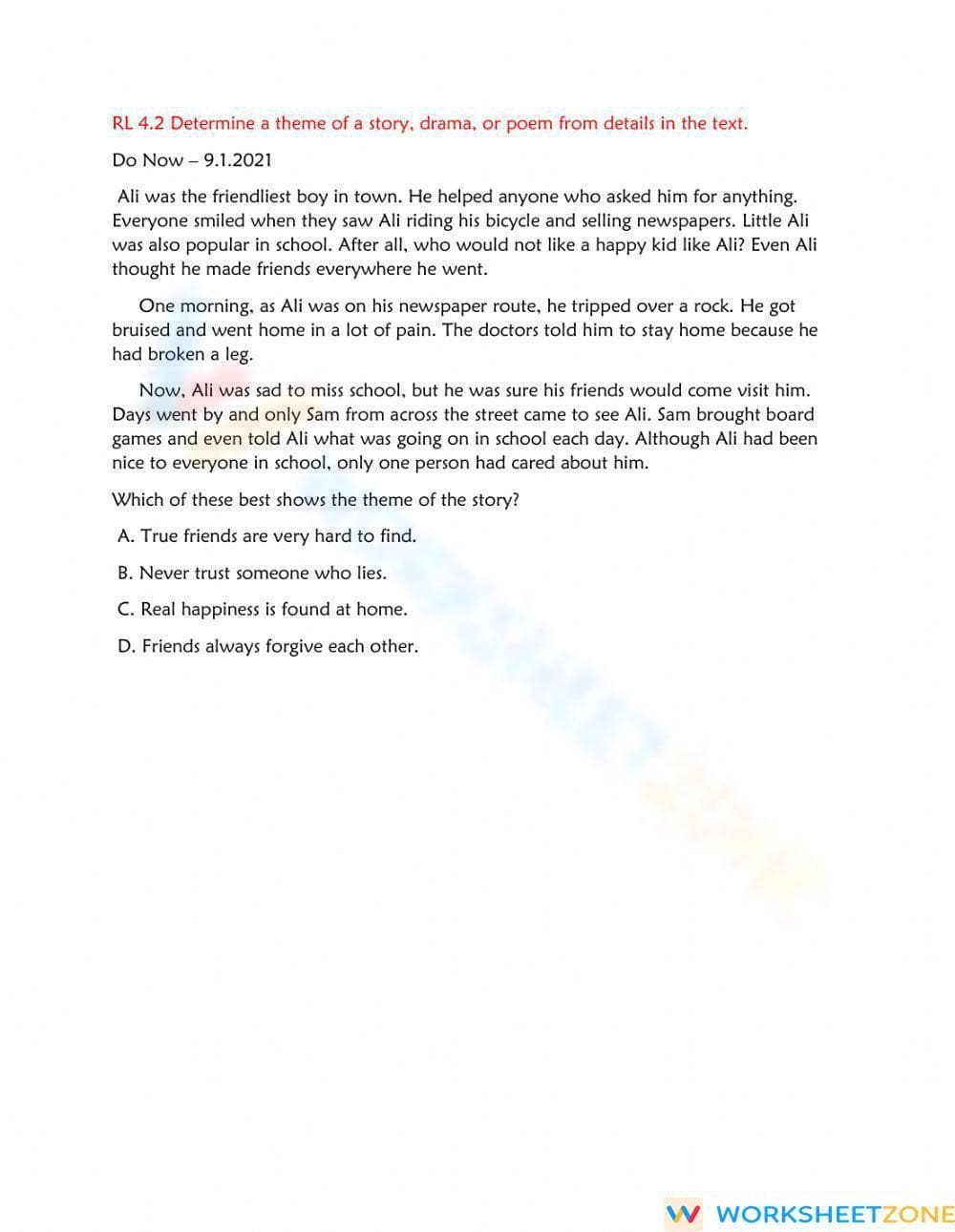 RL 4.2 Worksheet: Determining Theme — Ready Grade 4 ELA - Page 1
