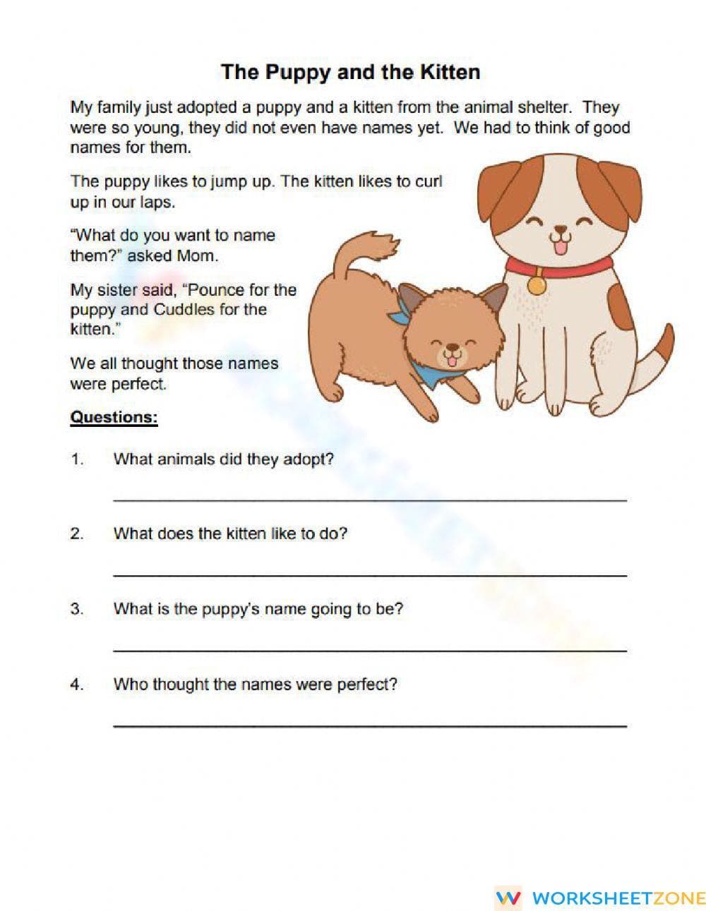 Puppy and Kitten Reading Comprehension - Page 1