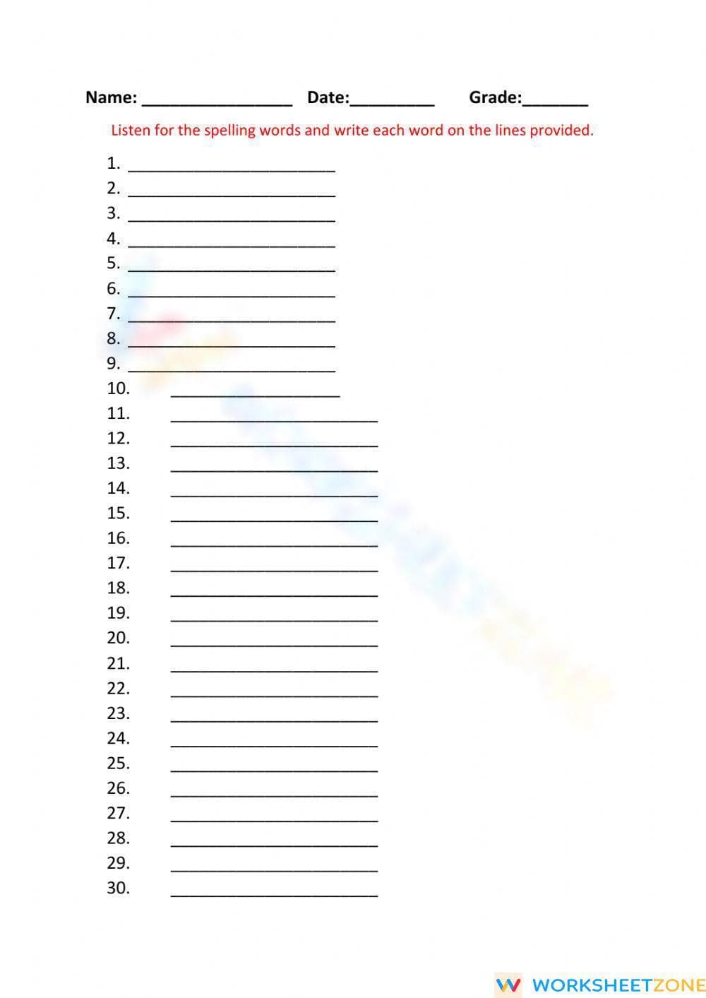 Grade 5 Spelling Test — Printable No-Prep Worksheet - Page 1