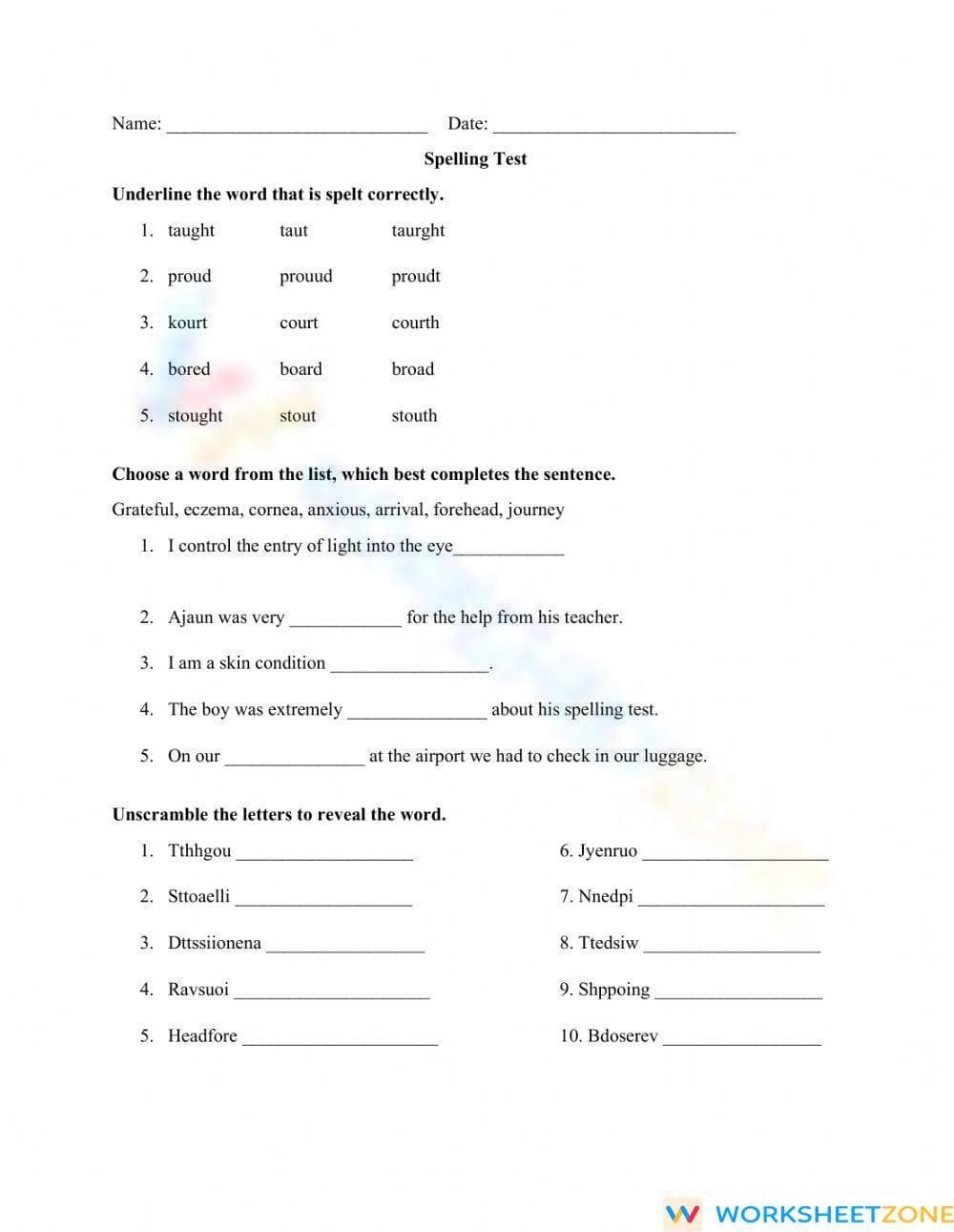 Spelling Test Worksheet with Word Exercises - Page 1