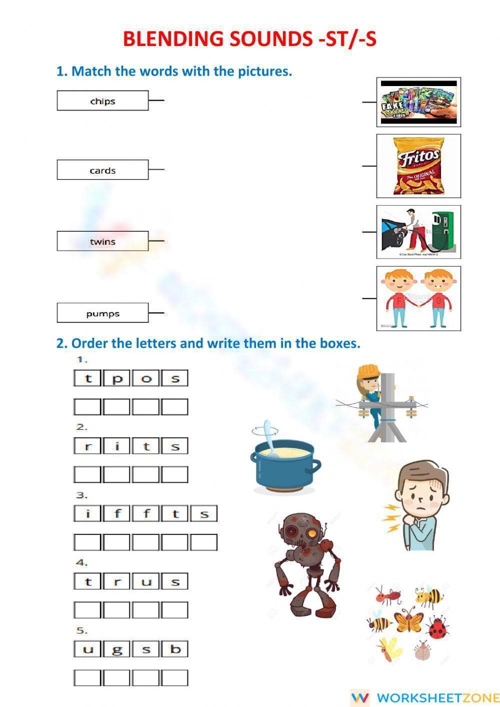 Printable Blending -st and -s Worksheet | Grade 2-4 ELA - Page 1