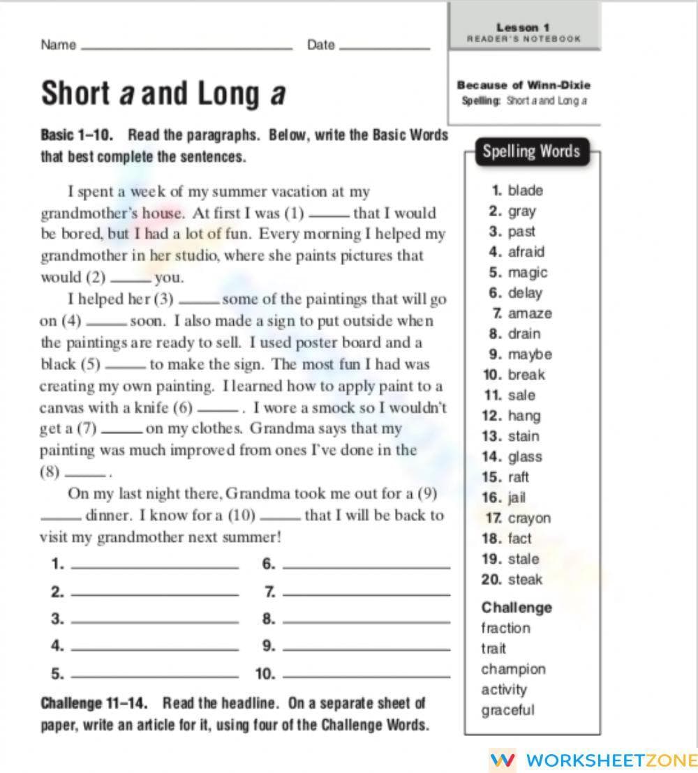 Printable Grade 4 Short & Long 'a' Spelling Worksheet - Page 1