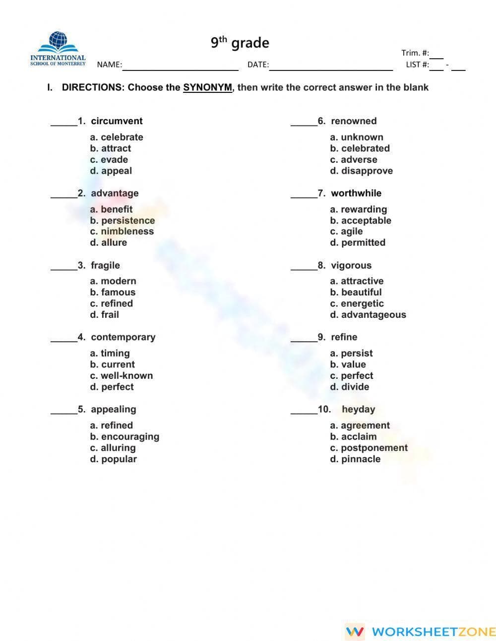 Essential Vocabulary in Context Worksheet | Grade 9 ELA - Page 1