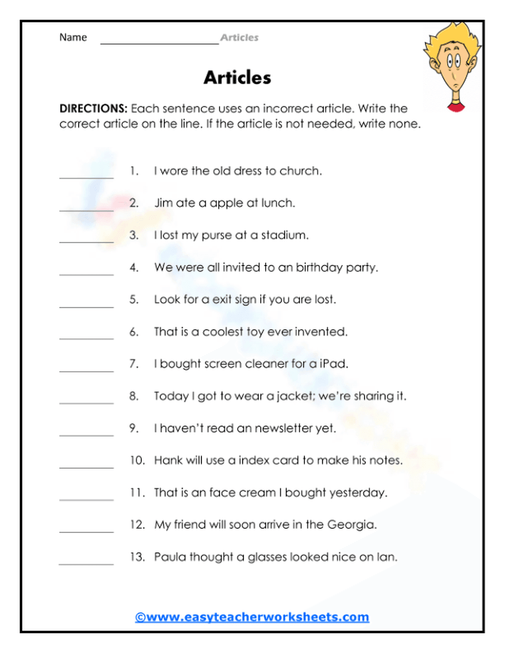 Essential Articles Grammar Worksheet | Grades 1-4 - Page 1