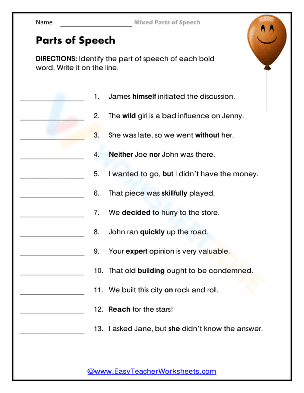 Essential Mixed Parts of Speech Worksheet | Grade 6 ELA - Page 1