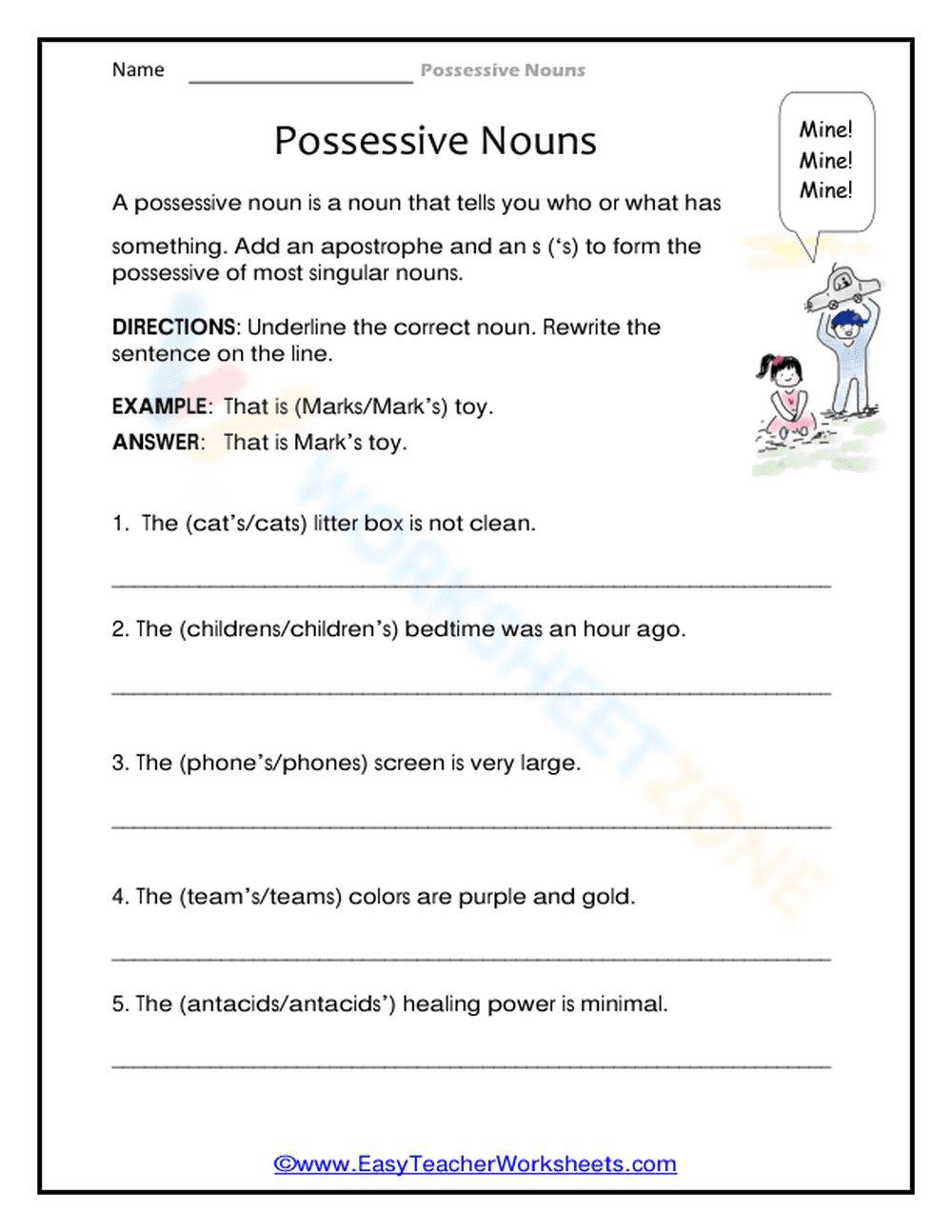 Grade 2-4 Possessive Nouns — Printable No-Prep Worksheet - Page 1