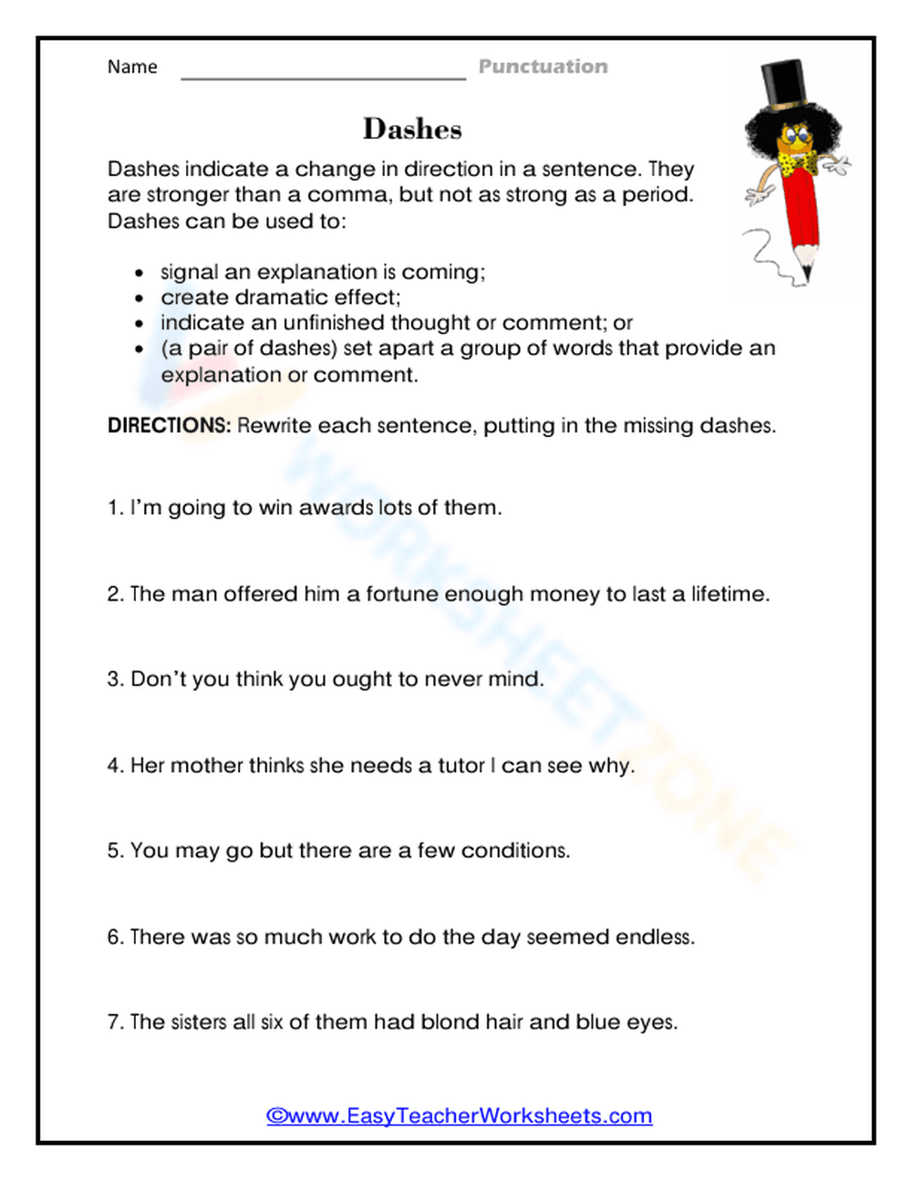 Grade 5 Dashes — Printable No-Prep Punctuation Worksheet - Page 1